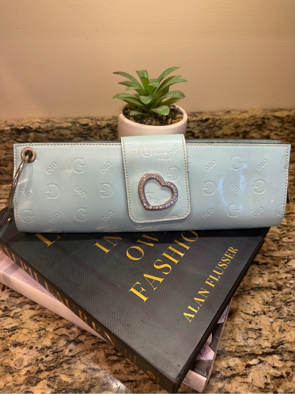G by Guess light blue Patent Heart-Clasp Wristlet